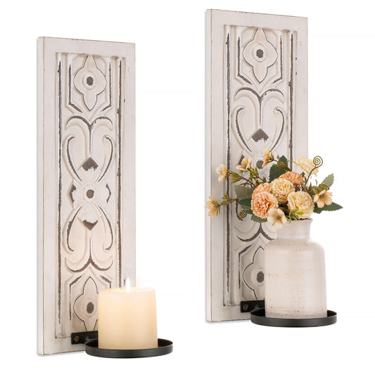 Rustic Candle Sconces Wall Decor Set of 2 - Walasis Wood Wall Candle Holders for Farmhouse White Boho Candle Sconce Art Distressed Thickened Pillar Candles Holder for Bathroom