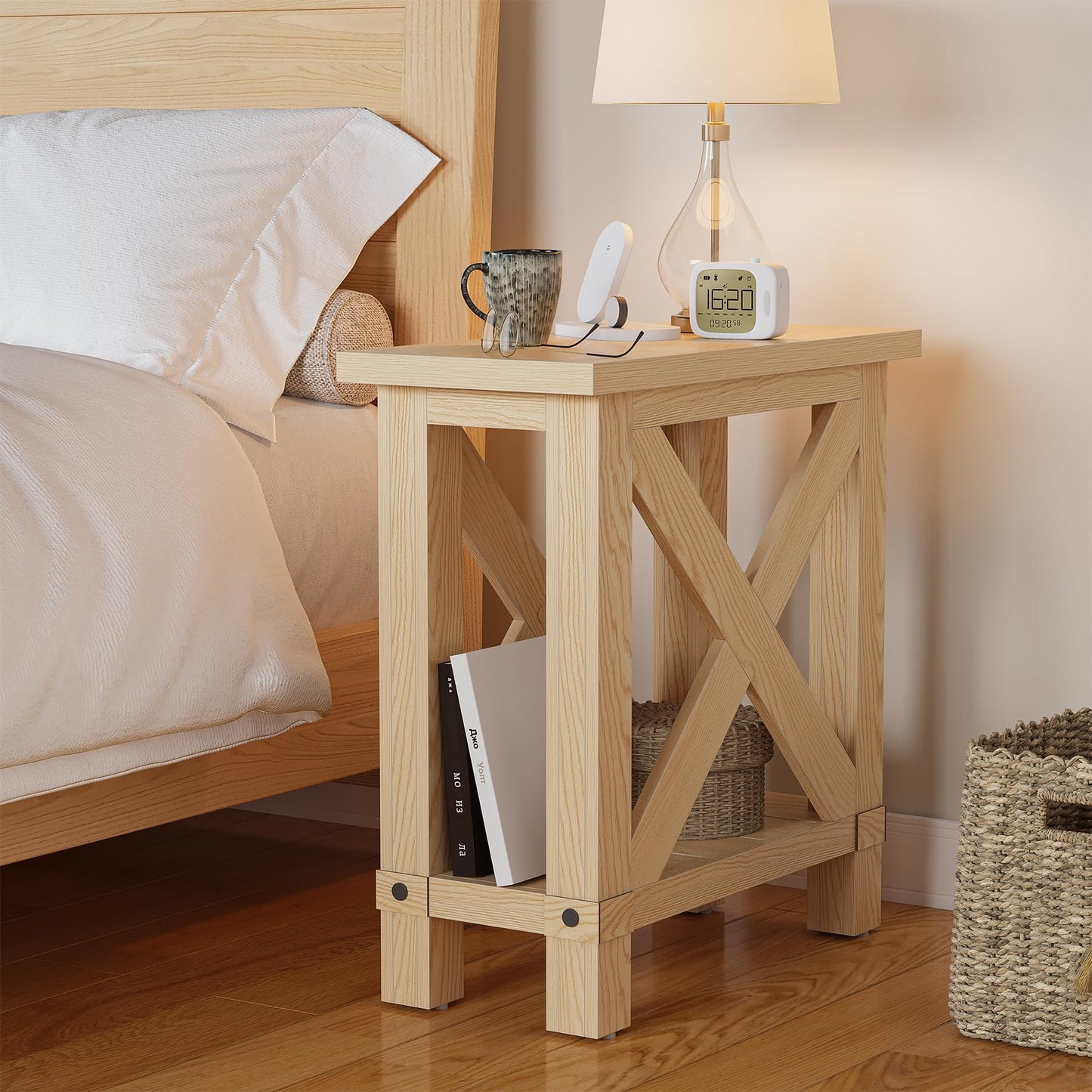 LITTLE TREE Farmhouse Side Table, Narrow End Table for Space Saving, Bedside Furniture for Bedroom, Living Room, Small Spaces, Oak