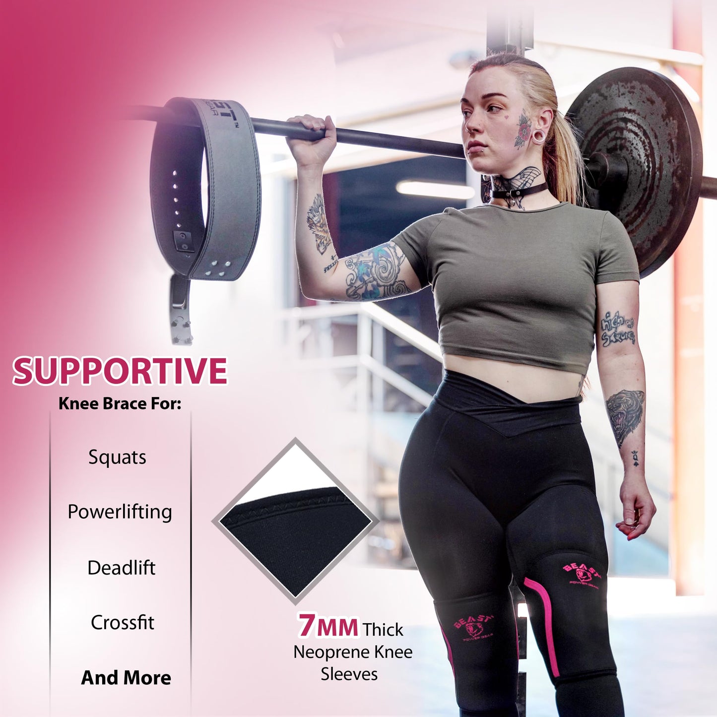 Beastpowergear Neoprene Compression Knee Sleeves 7MM Support for Squats, Gym CrossFit Training, Powerlifting, Weightlifting, Wrestling for Men & Women (Black/Pink, Medium)