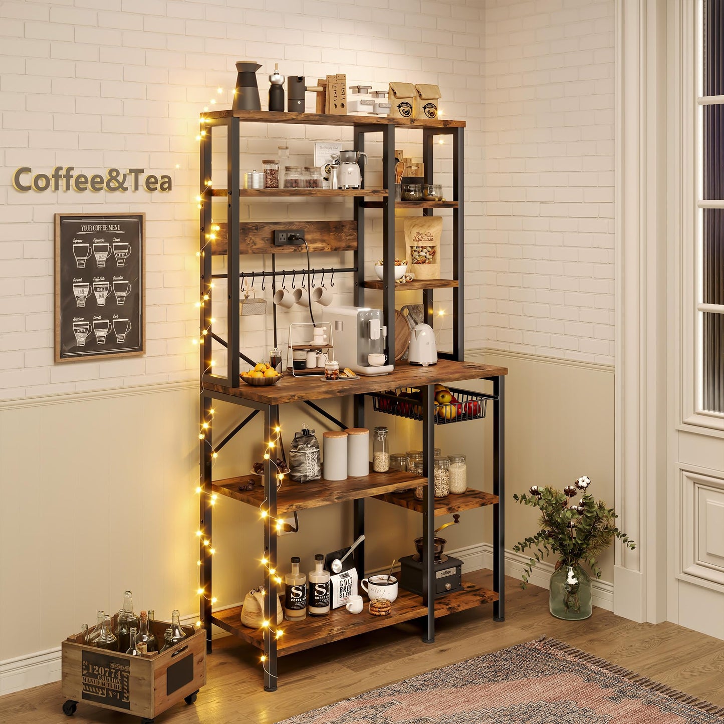 GRUSIGN Kitchen Bakers Rack with Storage, 6-Tier Coffee Bar Station with Power Outlet, Microwave Stand with 12 S-Shaped Hooks, Open Kitchen Storage Shelves for Spices, Pots and Pans, Rustic Brown