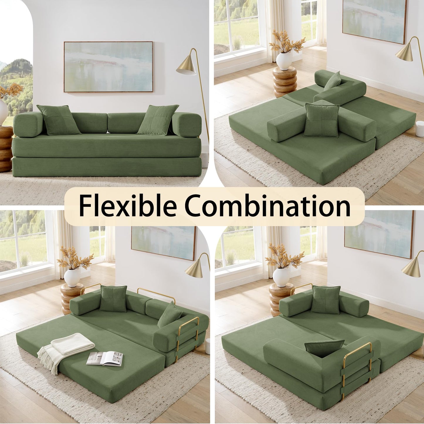 ivoros Folding Sofa Bed, Convertible Sleeper Sofa Bed with Gold Fixed-Shape Frame, Corduroy Floor Couch, Lazy Compression Sofa for Living Room, Bedroom, Home Theater, Green