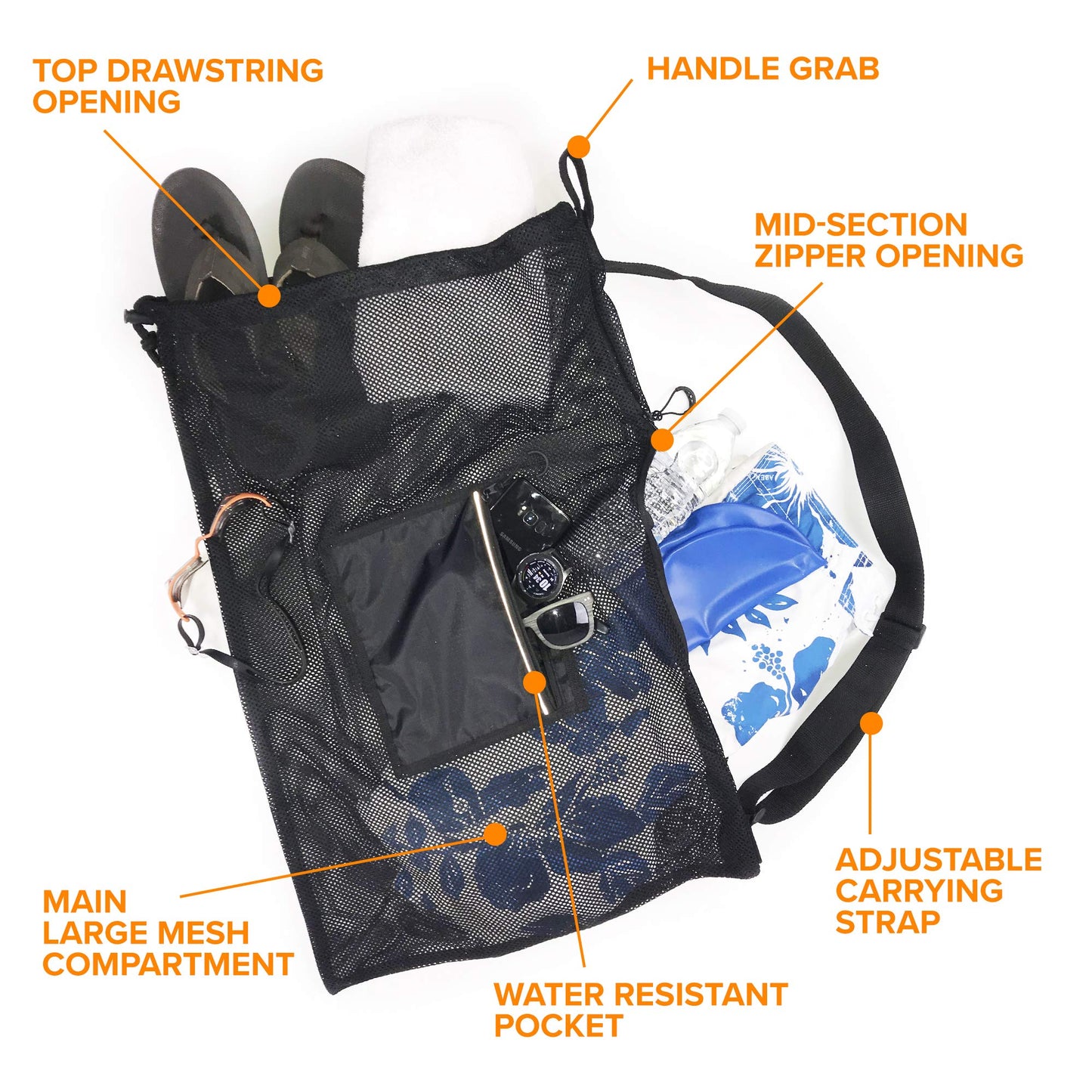 Fitdom Large Mesh Swim Drawstring Sling Bag. Best for Swimming, Gym & Beach