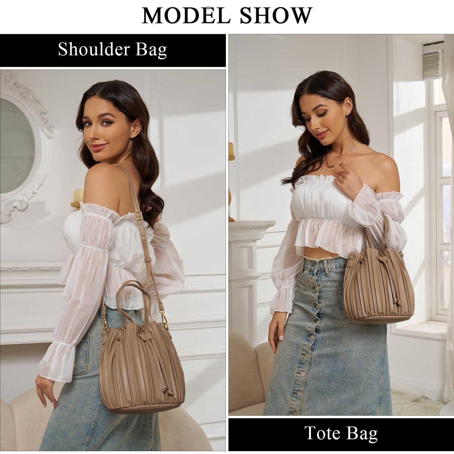 Extolove Mini Faux Leather Bucket Bags for Women Drawstring Crossbody Bucket Bag Purses Pleated Shoulder Handbags (Apricot)