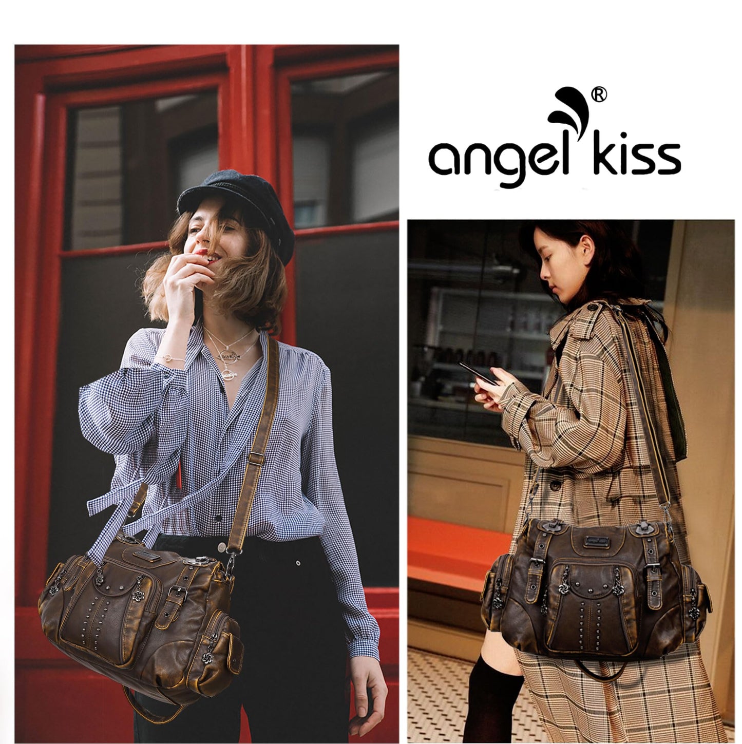 Angel Kiss Hobo Bags for Women Soft PU Leather Handbags Large Purse Shoulder Bag brown
