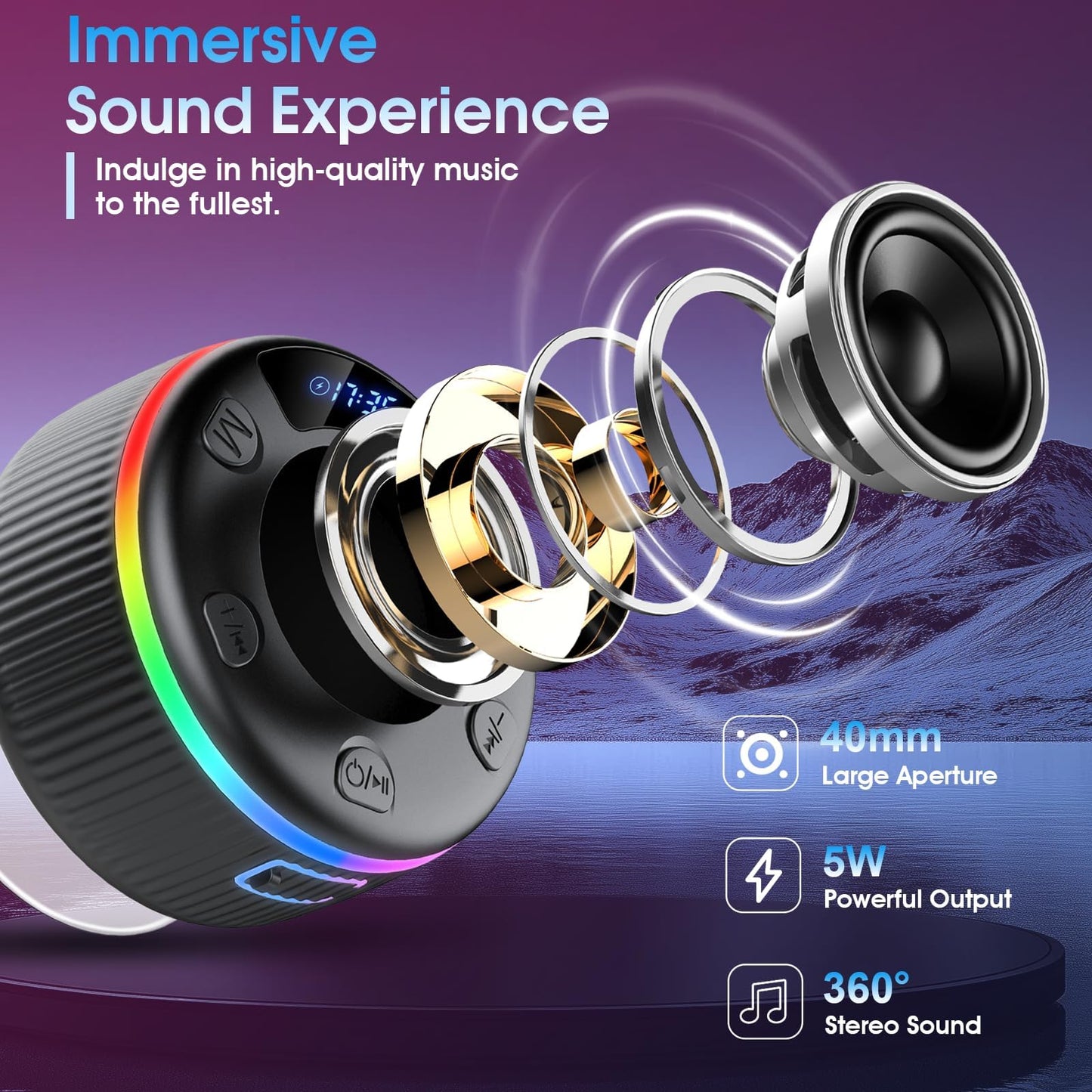 Bluetooth Shower Speaker, IP7 Waterproof Portable Bluetooth 5.3 Speakers with Suction Cup, Mini Wireless Speaker with RGB Lights Time Display, Loud Stereo Sound for Bathroom Beach Travel Outdoor Party