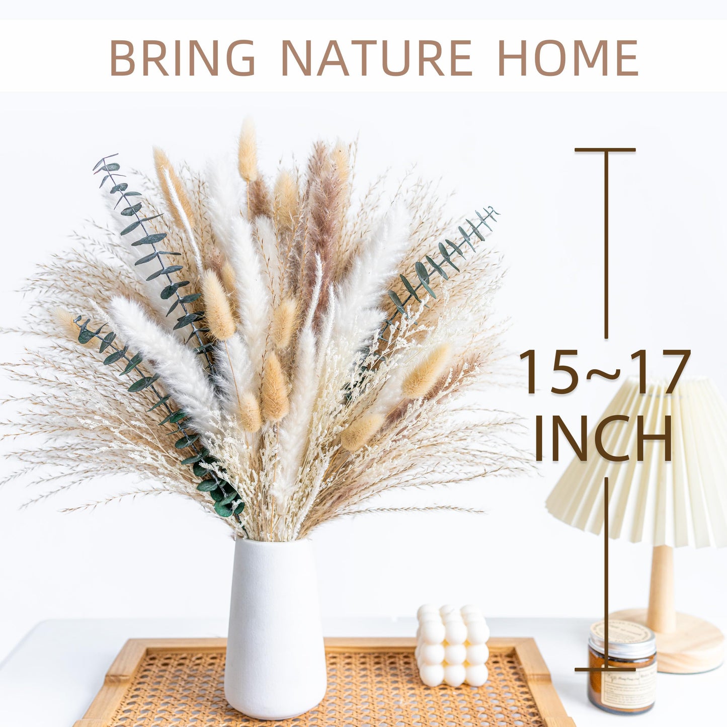 WILD AUTUMN Pampas Grass Decor Natural Dried Pampas Boho Home Decor Bouquet Dried Flowers Eucalyptus Bouquet for Wedding Floral Arrangements Table Decor Rustic Farmhouse (White&Green)