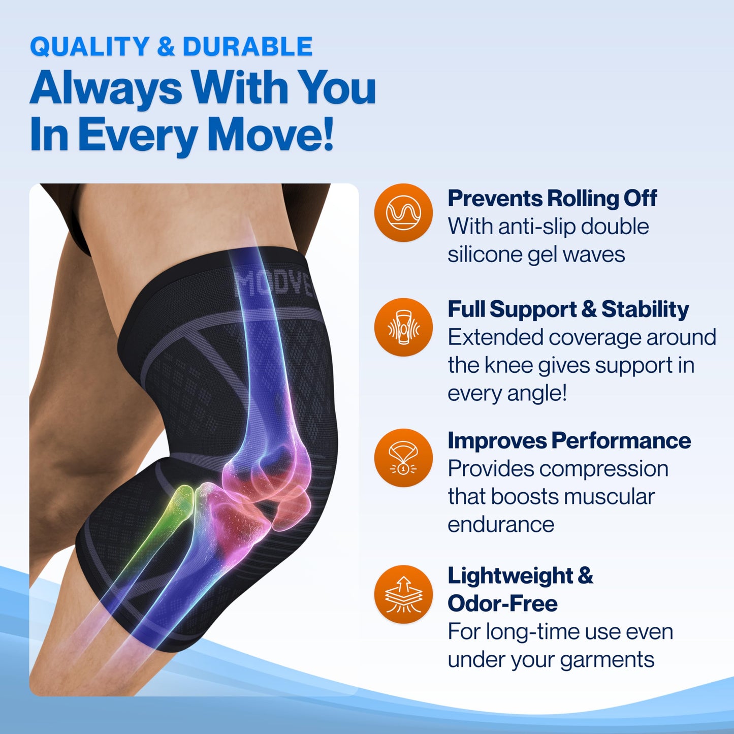Modvel 2 Pack Knee Brace for Women & Men - Workout Knees Compression Sleeve for Knee Pain Relief Joint Support for ACL, Arthritis, Meniscus Tear Knees Brace for Sports, Rodilleras para Gym Fitness