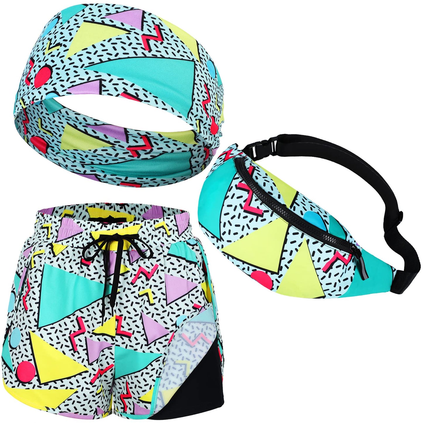 3 Pcs 80s 90s Outfit for Women 80s Costume Set 2 in 1 Running Shorts Retro Pack and Fashion Headband Set for Workout