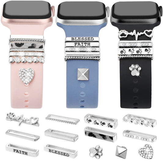JR.DM 13 Pcs Silver Watch Band Charms with 10-Pcs Decorative Rings Loops 3-Pcs Decoration, Compatible with Apple Watch Band Metal Diamond Sliding Accessories for iWatch Series 10 9 8 7 6 5 4 3 2 1