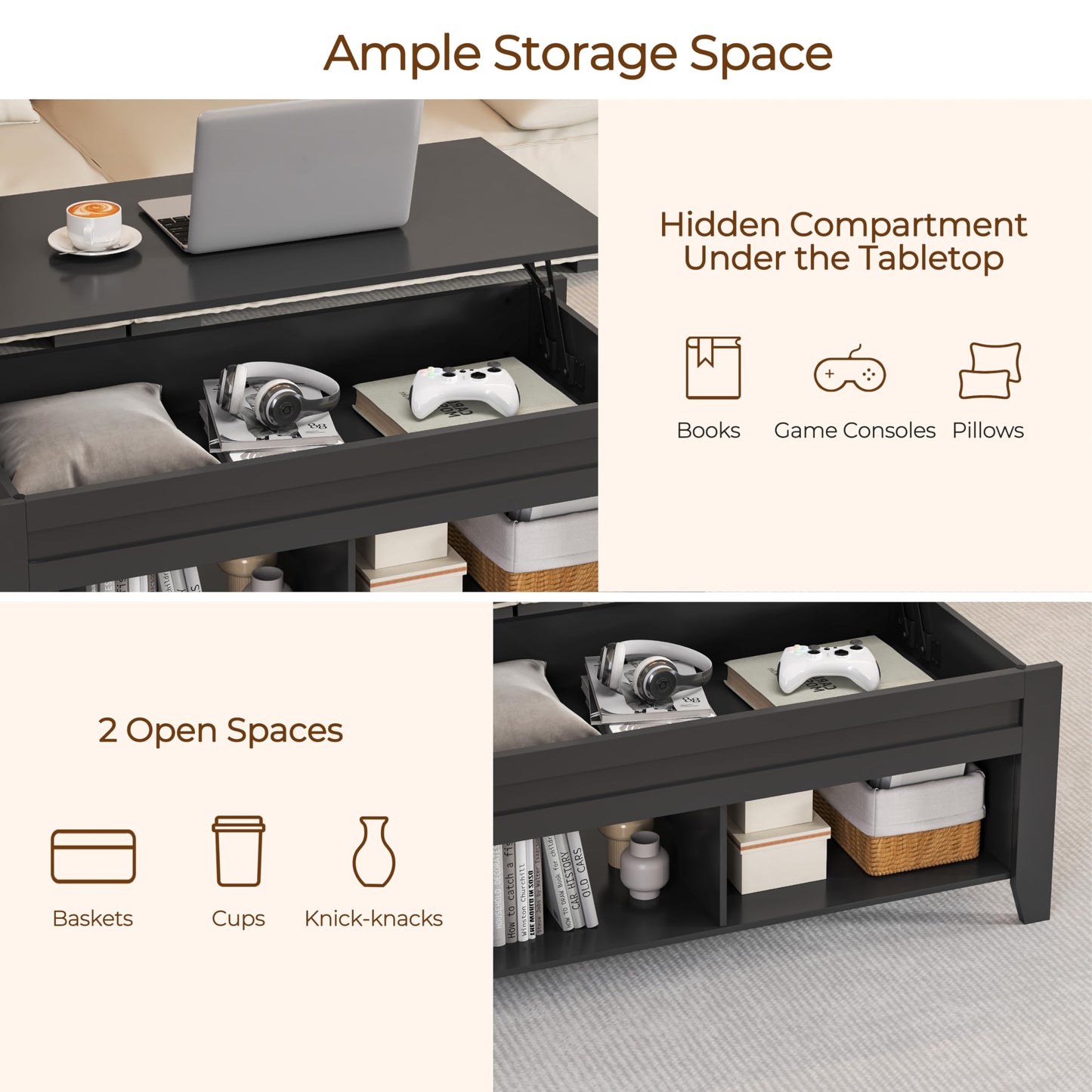 Yaheetech Black Coffee Table, Lift Top Coffee Tables with Hidden Storage Compartment & Open Shelf, Lift Tabletop Pop-Up for Living Room Reception, 47.5inch L