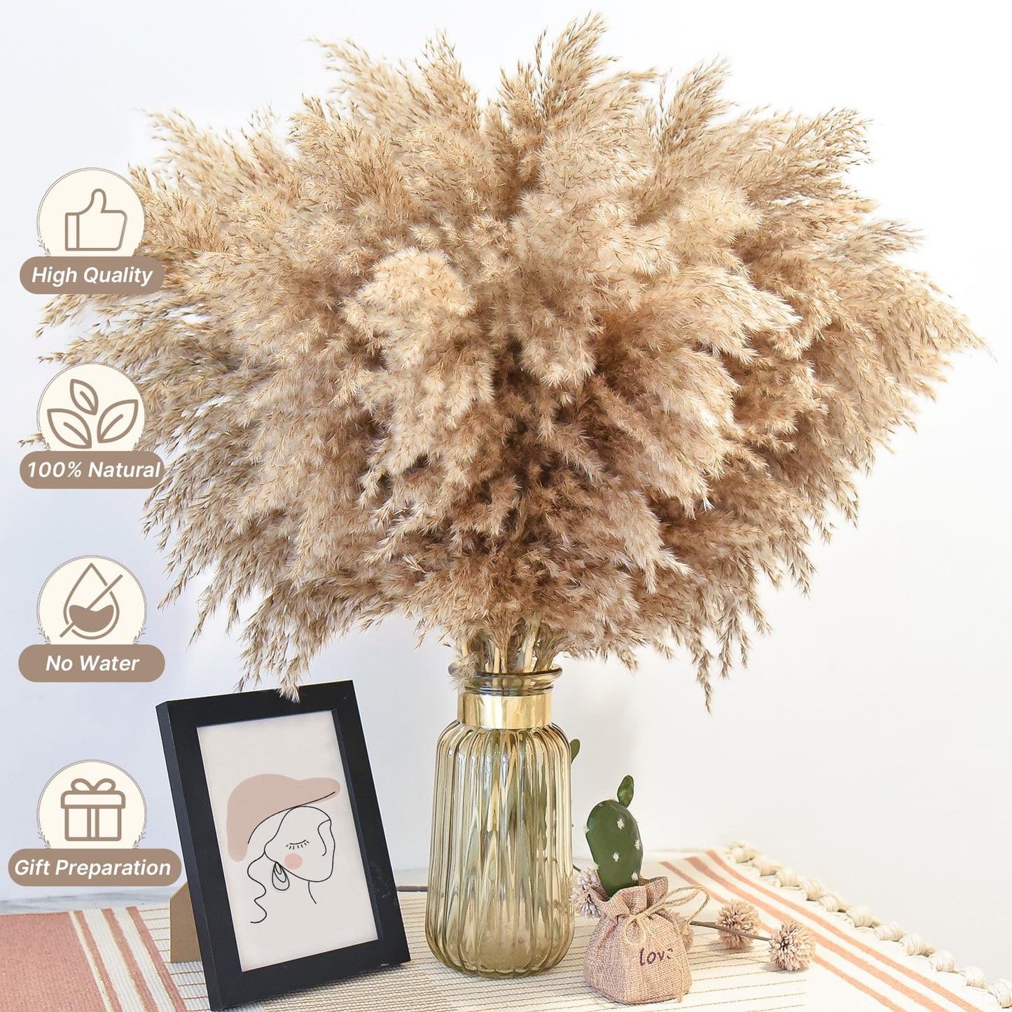 22pcs Pampas Grass Decor-Natural Dried Fluffy Brown Pompas Grass,Short Fluffy Pampas Grass Bulk for Small Boho vases,Wedding Flower,Boho Home Decor,Living Room Table Decor(17inch)