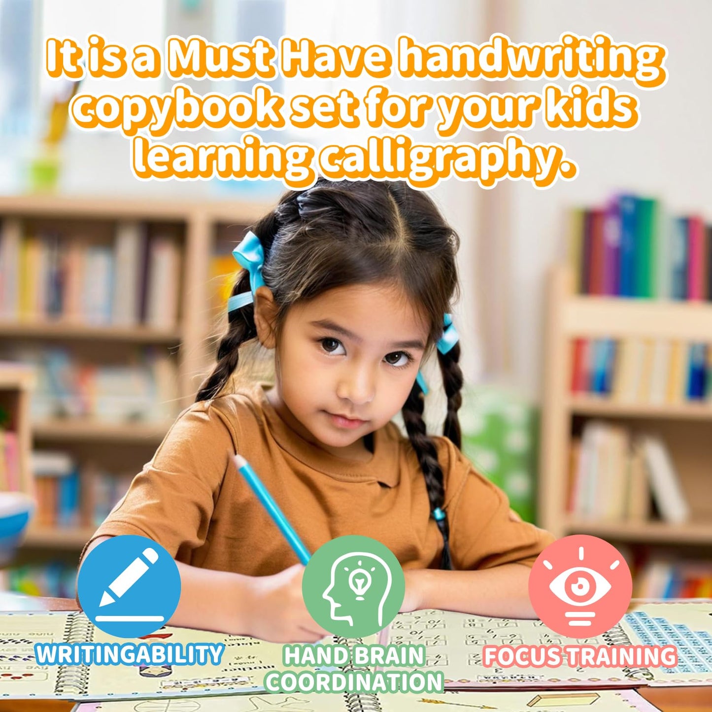 Grooved Writing Books for Kids, Magic Practice Copybook, Reusable Handwriting Practice Book Kit for Kids Age 3-8 Calligraphy, 7.8in×5.5in