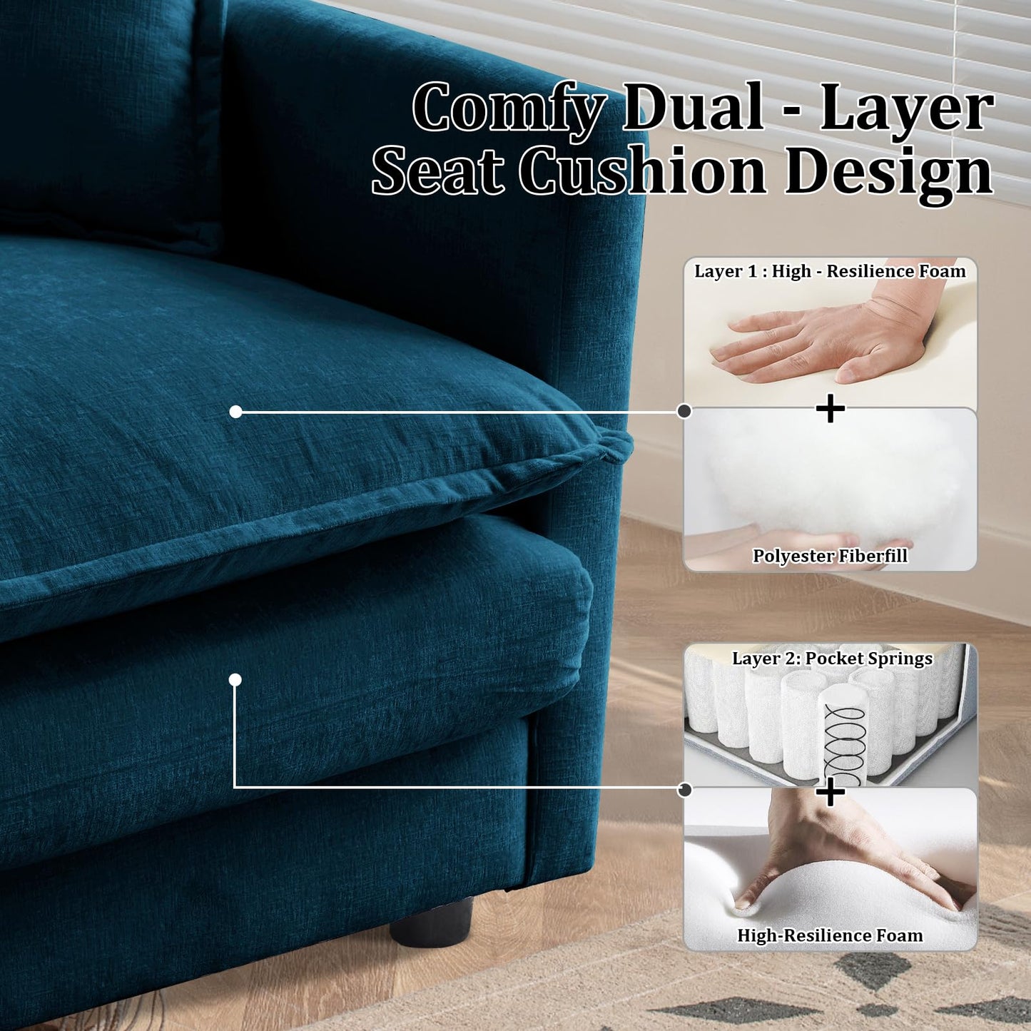 Oversized Chaise Lounge Chair Indoor, Chenille Upholstery Cloud Sectional Sofa, Minimalist Modular Sleeper Couch Bed Including Single Club Armchair & Ottoman for Liviing Room Apartment Office