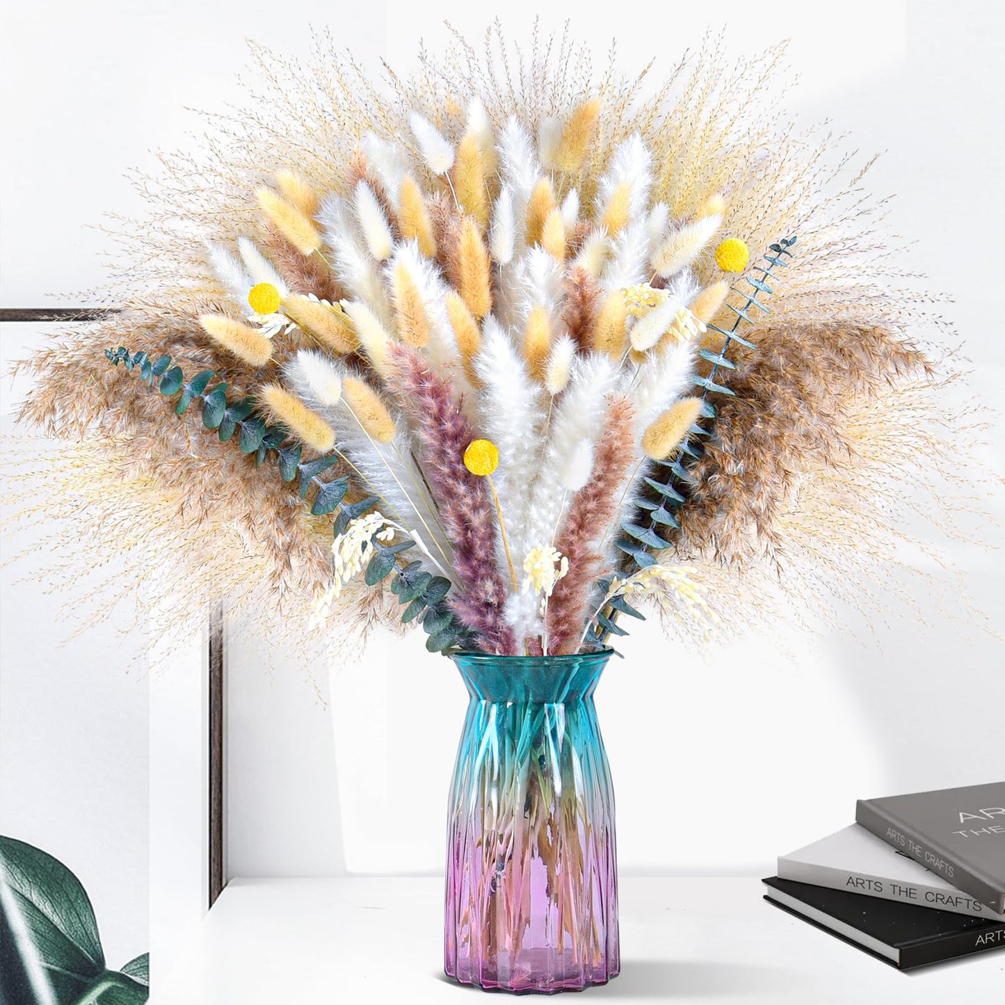 102pcs Dried Pampas Grass Flower Bouquet Decor-White Pompas Grass,Bunny Tails,Reed Grass Bouquet-Eucalyptus-Golden Ball for Boho Home Table Decor,Wedding Boho Flowers&Vase Fillers