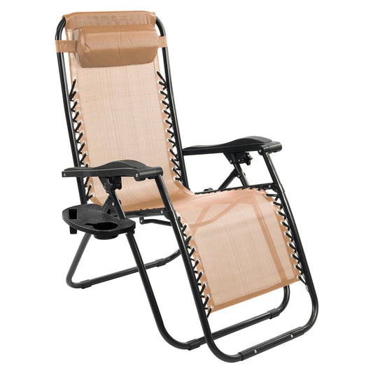 Elevon Zero Gravity Chair with Cup Holder & Removable Pillow, Adjustable Reclining Outdoor Patio Folding Chairs for Adults Portable Lounge Chair Furniture for Poolside, Lawn, Beach, Camping, Beige