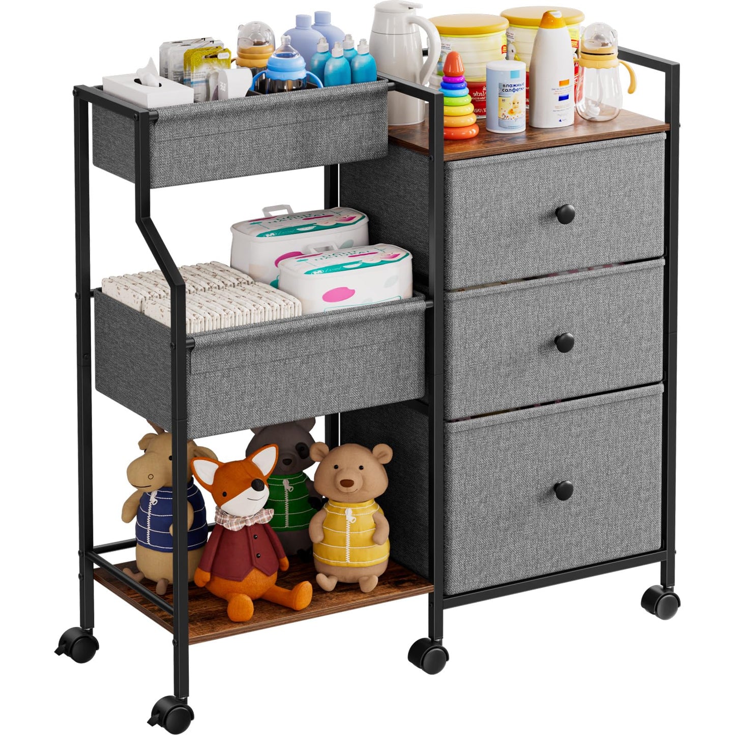 Modanais Baby Diaper Caddy Organizer and Storage - 3 Tier Rolling Cart with Dividers and Drawers, Easy To Assemble, Mobile Utility Cart with Wheels for Nursery, Bedroom, Changing Table & Crib