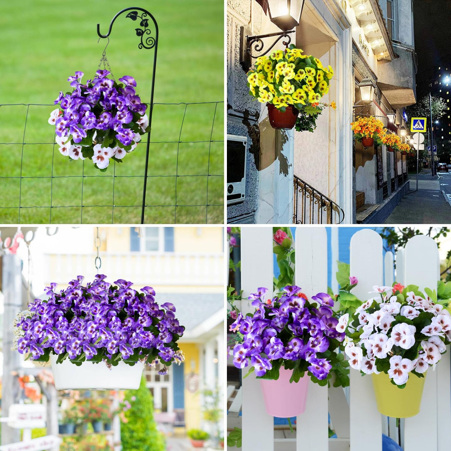 ASTRYAS 12 Bundles Artificial Flowers for Outdoor Fake Pansies Small Wild Flowers Faux Pansy Plastic Flowers for Home Garden Flower Beds Outdoor Plants (White/Purple/Yellow)