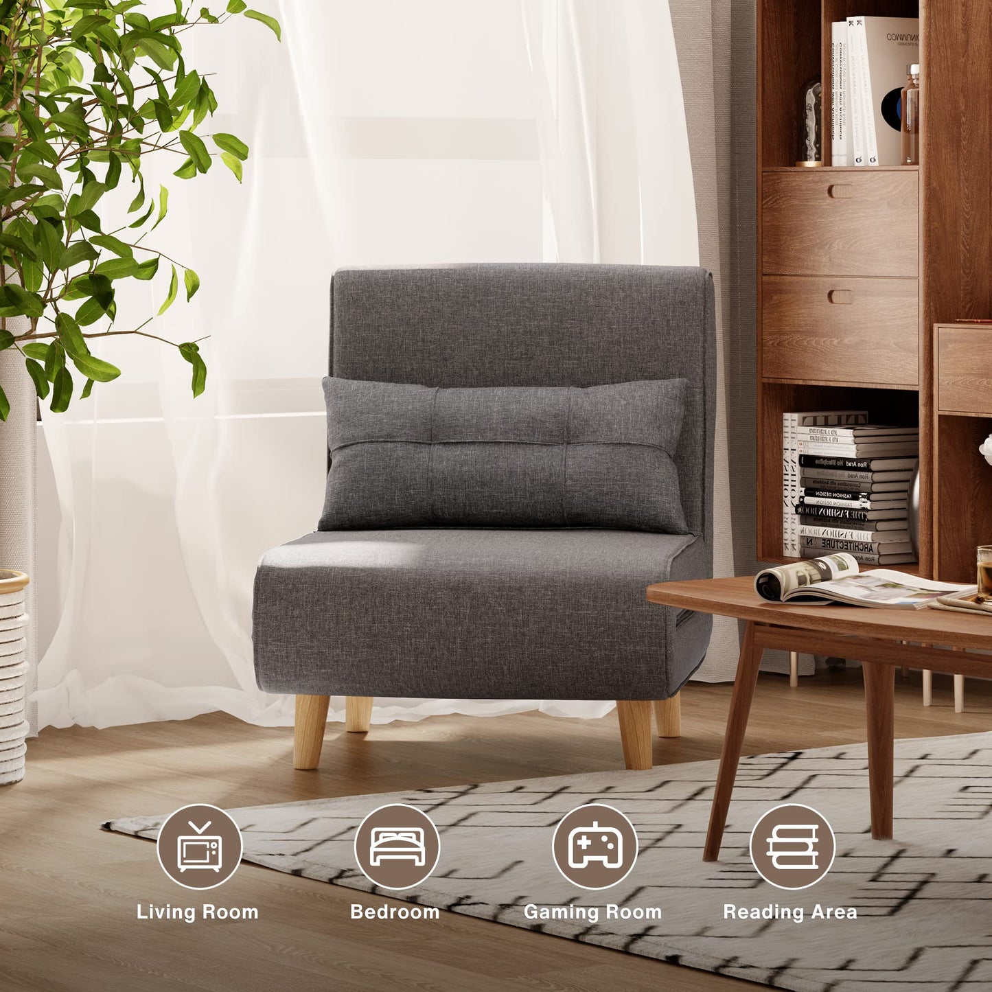 Aiho 3 in 1 Sleeper Chair Bed, Convertible Chair Bed Futon Sofa with Adjustable Backrest, Accent Chair for Apartment/Bedroom/Office, Dark Grey