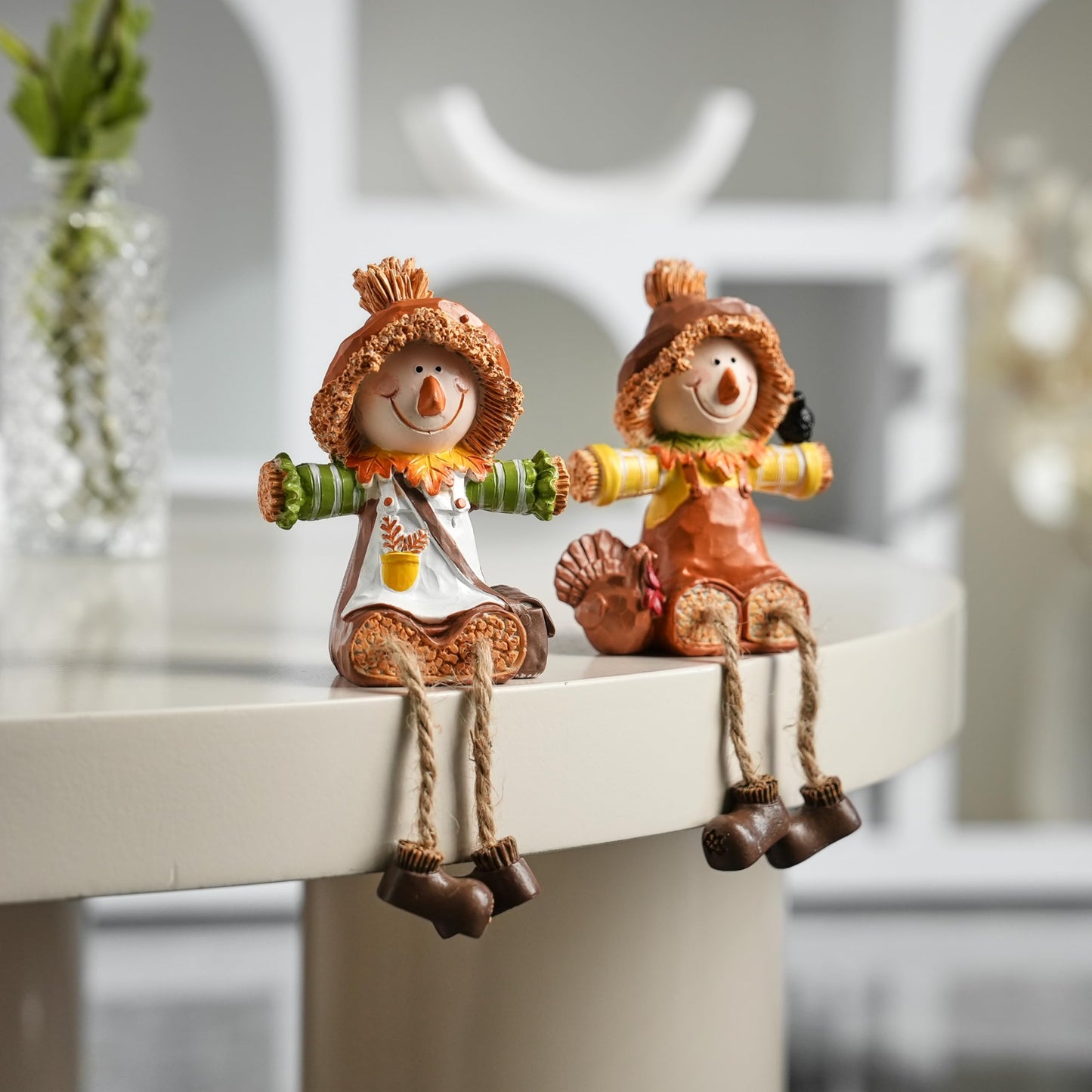 FESTGLOX Scarecrow Fall Decor, 2Pcs Harvest Scarecrow Figurines Indoor Fall Shelf Sitters with Dangling Legs, Resin Small Scarecrow for Autumn Thanksgiving Tabletop, Fireplace, Farmhouse Decor