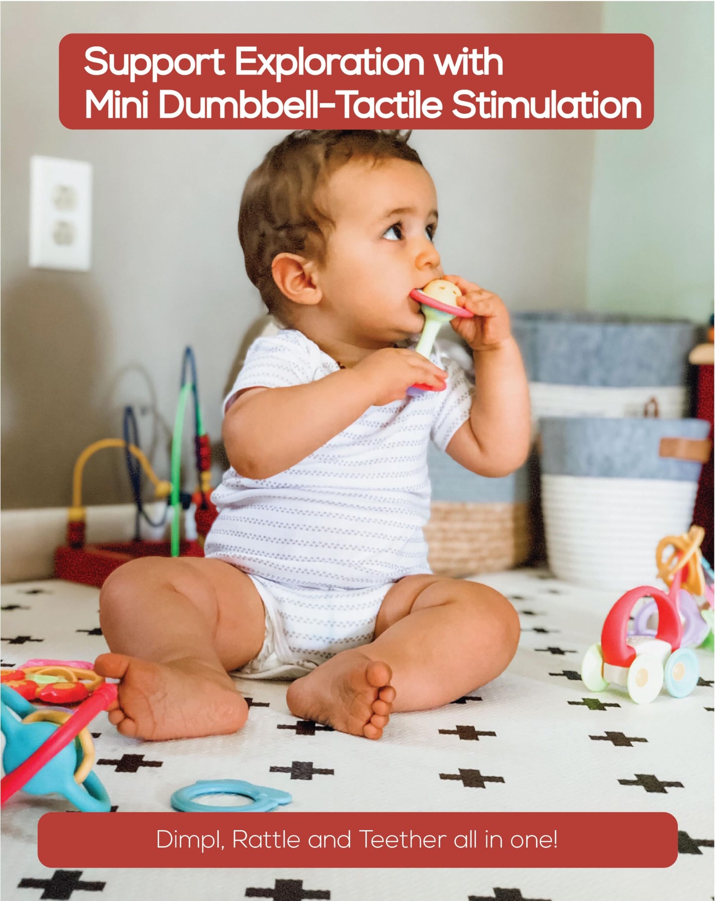 BaBeloved Mini Dumbbell Baby Teething Toys Multiple Sensory Montessori Durable Exercises Workout Soft Food-Grade Teethers for Babies Rattling Teething Relief, Chew Baby Toys 0-6 Months, BPA Free