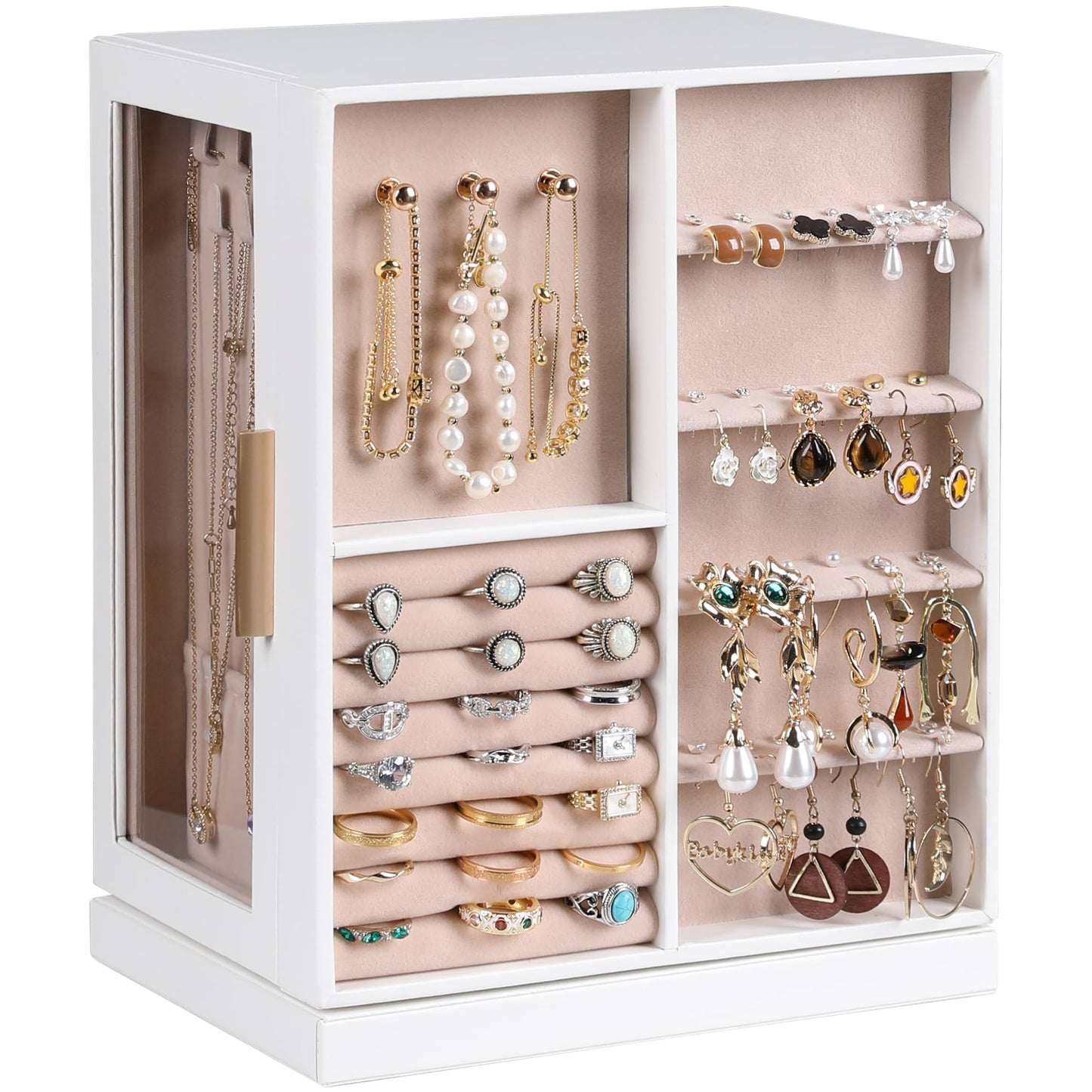 Frebeauty 360° Rotating Jewelry Box,PU Leather Jewelry Organizer with 6 Drawers,Large Jewelry Storage,Clear Window,Golden Handle,Vertical Jewelry Holder for Earrings Necklace,Gift for Women(White)