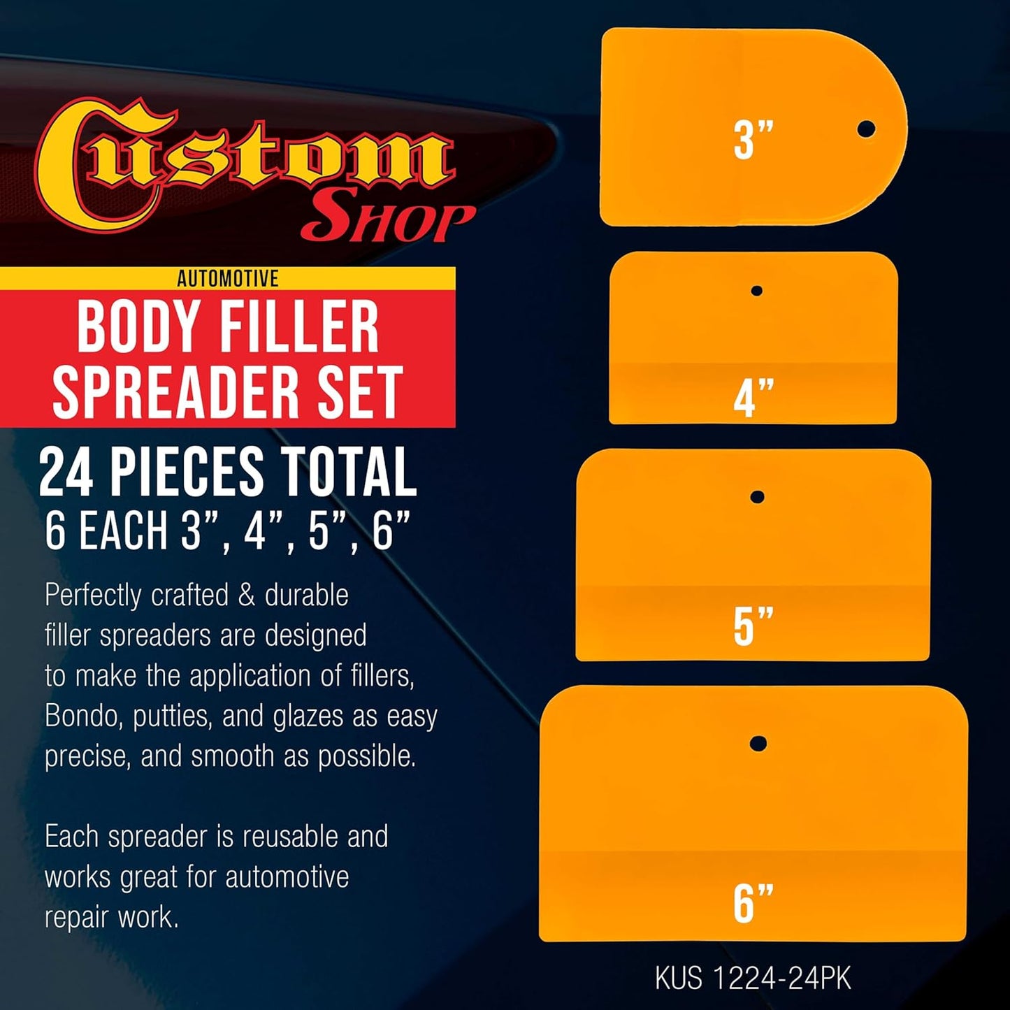 Custom Shop 4, 5, & 6 Inch Plastic Body Filler Spreader Tools (24 Pack) for Automotive Body Fillers, Putties, Glazes, Epoxy Resin, Caulk, Glues - Plastic Spreader Tool Variety Pack