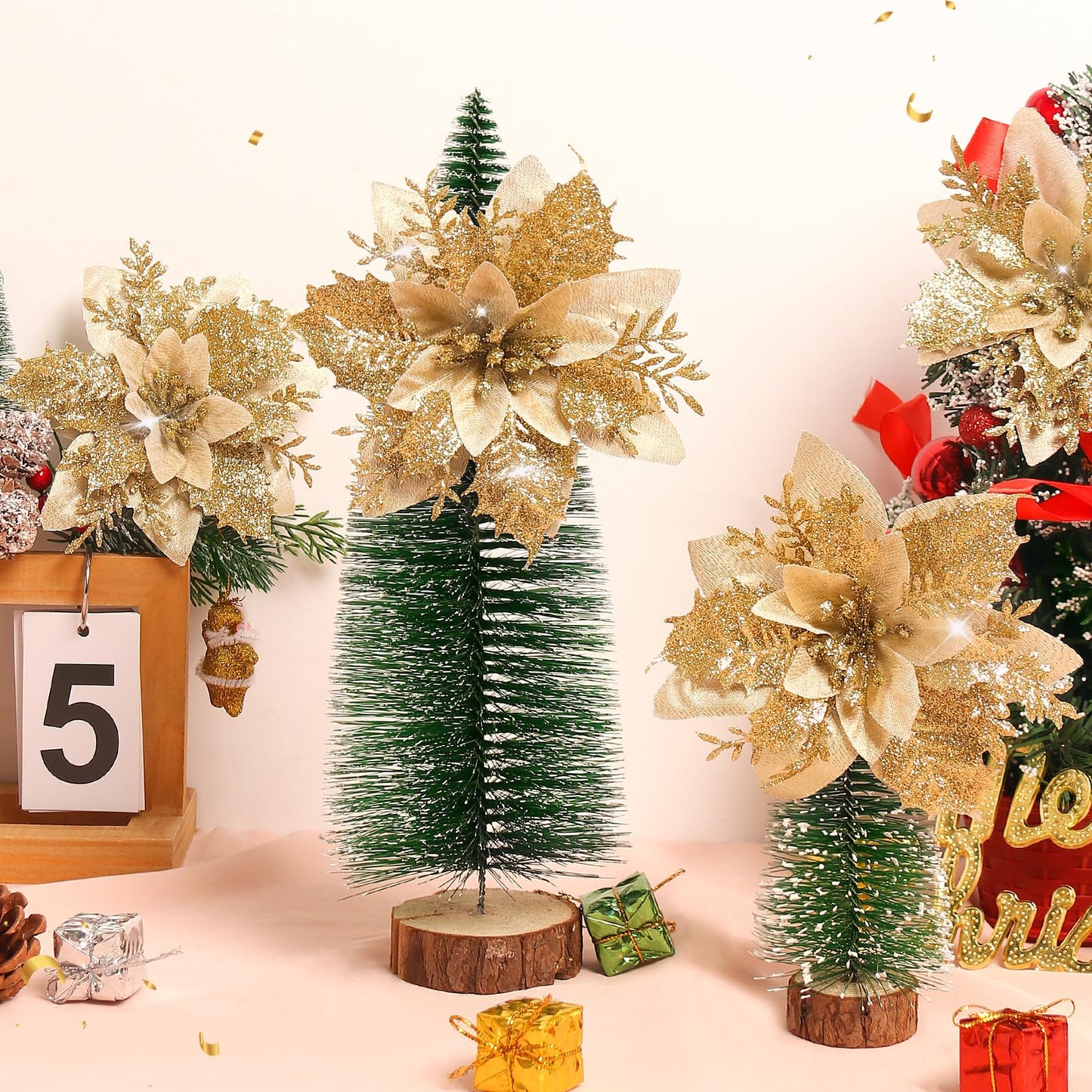 DEEMEI Christmas Poinsettia Artificial Flowers Christmas Tree Wreaths Garland Decoration 15 Pcs 5.5" Glitter Flowers Picks Decor for Xmas New Year Wedding Party Ornaments Gold