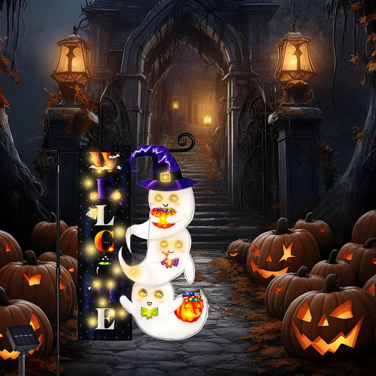 Halloween Lighted Garden Flag, Solar Yard Flag for Outside, 8 Modes Double Sided Welcome Halloween Ghost Outdoor Decorations for Home Porch (Ghost-12x18)