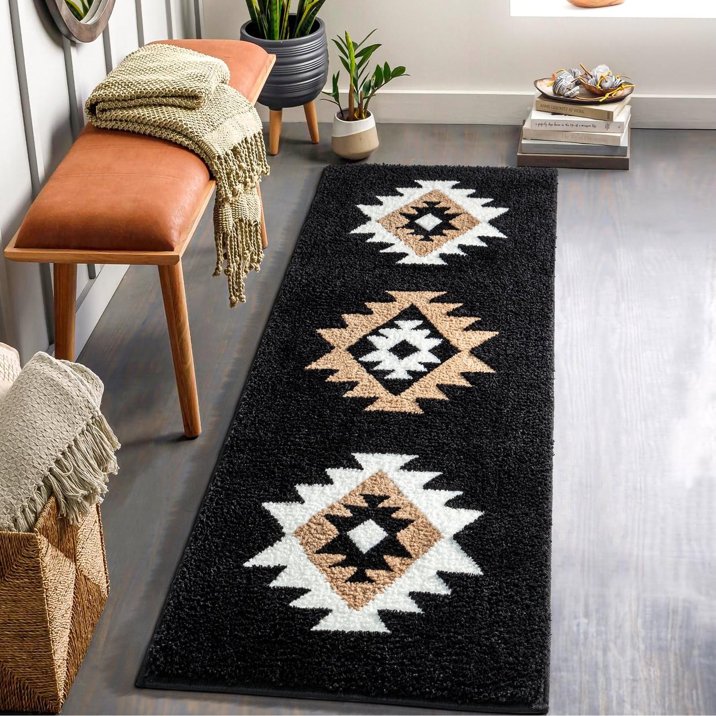 DEXDE Bathroom Runner Rug 24x60 Boho Long Bath Mat Rug for Bathroom Bedroom Hallway Kitchen Luxury Soft Absorbent Large Modern Geometric Carpet Western Farmhouse Carpet, Black