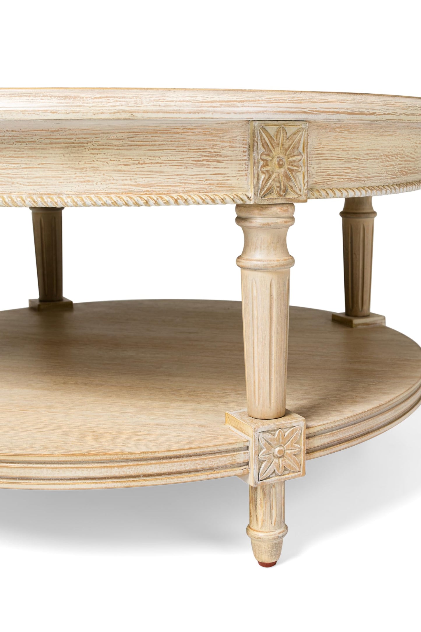 Maven Lane Pullman Large Curved 2 Tier Traditional Round Circle Wooden Center Coffee Table with Shelf Storage in Rustic Antiqued White Finish