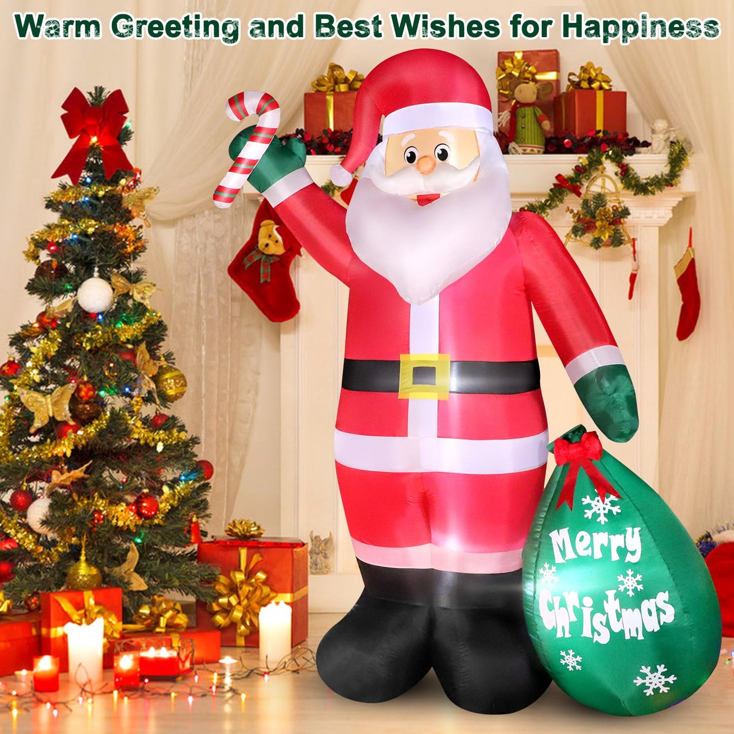 6FT Christmas Inflatable Santa with Candy and Big Gift Bag Outdoor Decorations, Built-in Brilliant Led Lights Blow Up Xmas Yard Decor, Kindly Festival Decor for Yard Lawn Garden Indoor Holiday Party