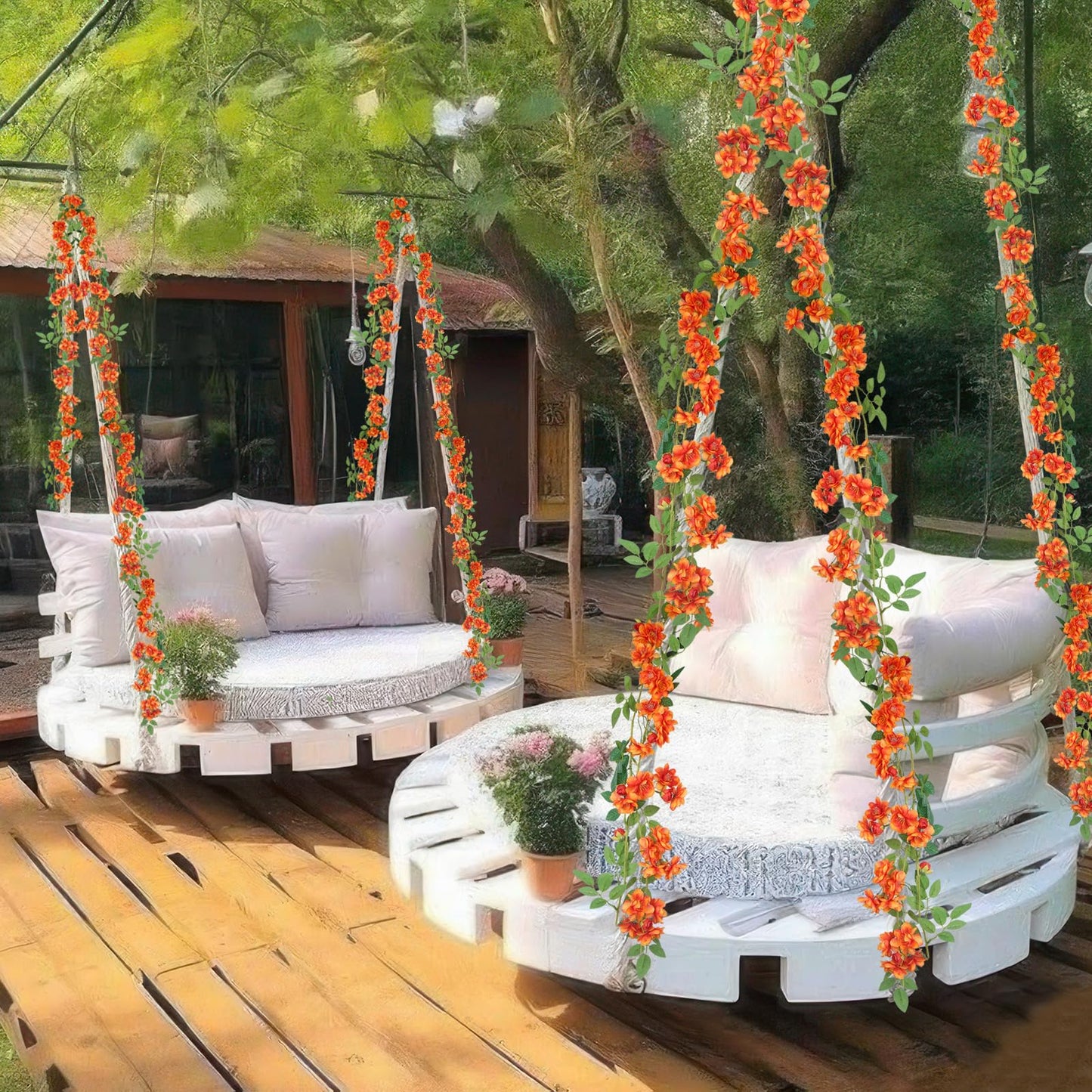 GhuaH 2 Pcs Artificial Flowers Garland for Outdoors Orange Faux Gardenia Garland 12Ft Silk Rose Hanging Vines Floral for Wedding Arch Party Wall Garden Ceremony Backdrop Fence Spring Decor