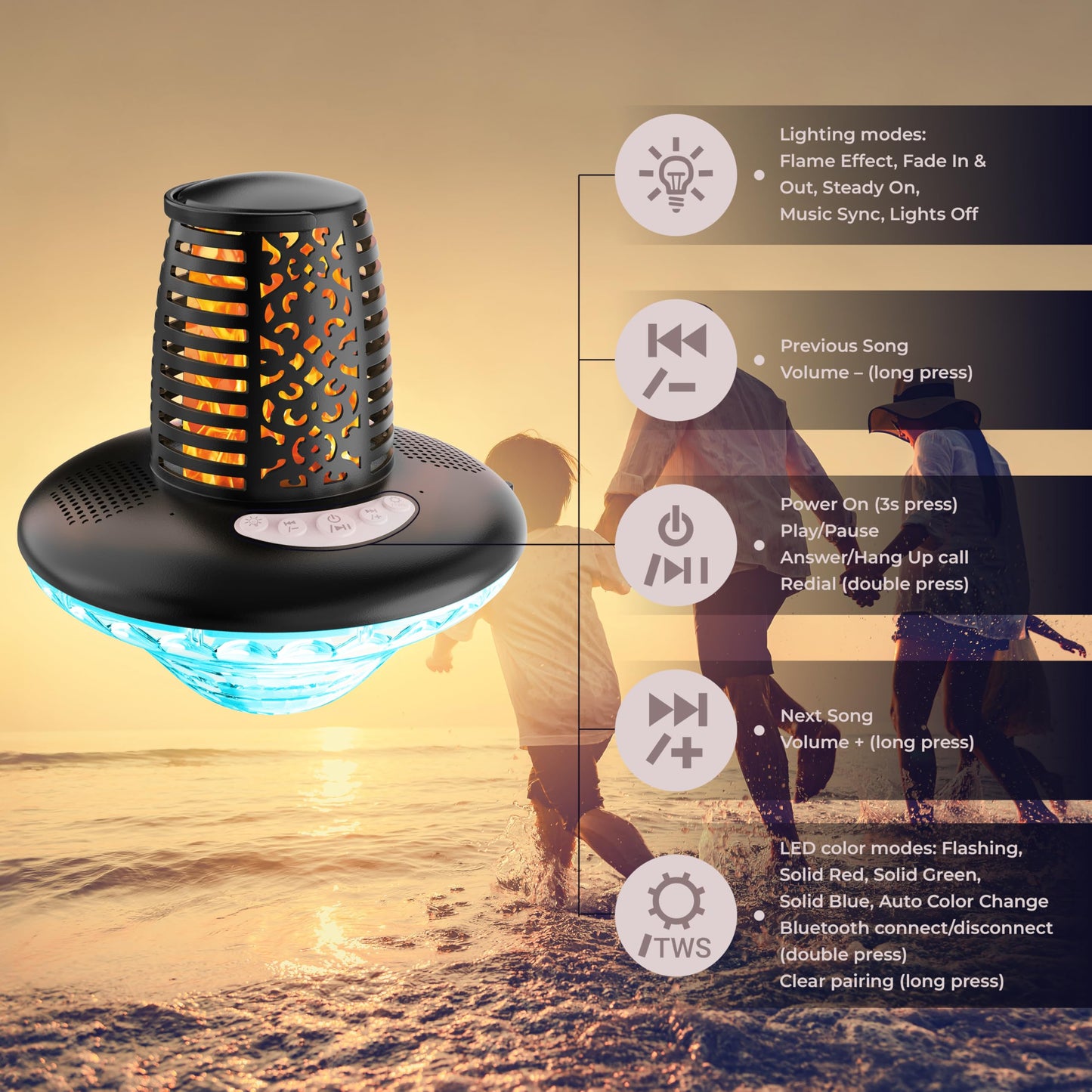 VISOFO Waterproof Portable Bluetooth Speaker | Pool Floating IP68 Loud Stereo HD Sound with RGB Colorful Lights and Led Torch Flame TWS Pairing Built-in Mic 10W Deep Bass Spa Hot Tub Accessories