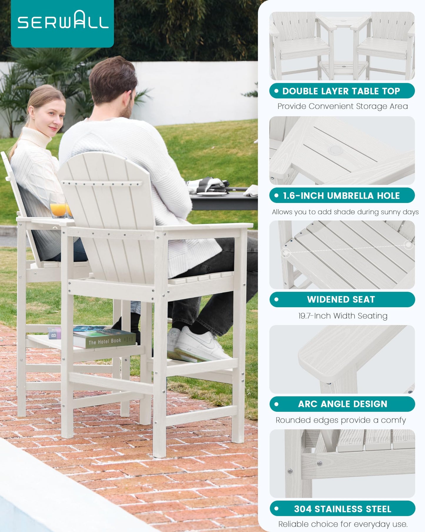 SERWALL Tall Adirondack Chairs Set of 2 with Double Layer Connecting Tray, HDPE Bar Height Outdoor Chairs, Wood-Like Adirondack Bar Stools for Patio, Balcony, Porch, White