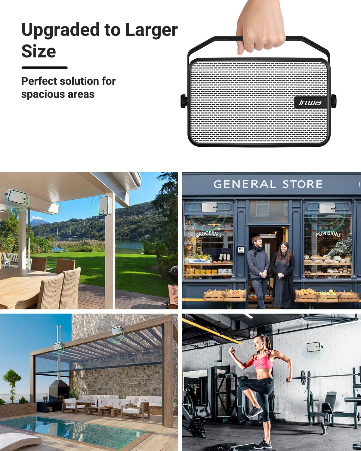 Inwa Outdoor Bluetooth Speakers, IPX5 Waterproof 400W Wall Mount Speaker, Powerful Indoor/Outdoor Sound System, Wireless Sync Up to 100 Speakers, Suitable for Patio/Porch/Gazebo/Garage(MZ-621, Pair)
