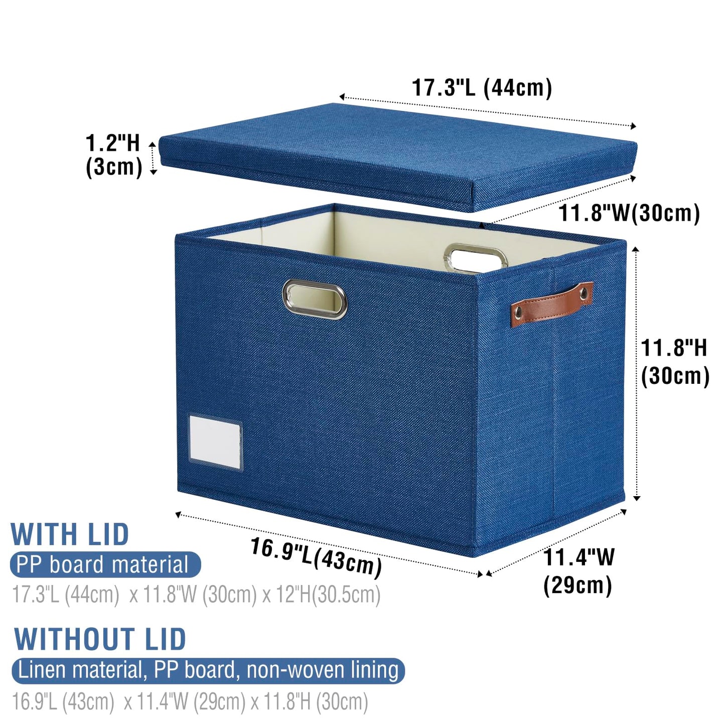 Roobyl 17" Large Collapsible Storage Bins with Lids, Stackable Closet Organizers with PU Handle and Labels, 3-Pack Decorative Fabric Storage Boxes for Home, Bedroom, Closet, Office, Nursery(Navy)