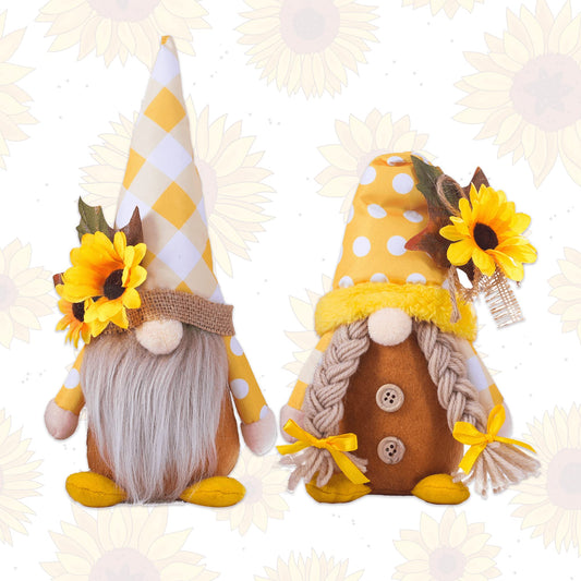 2PCS Sunflower Gnomes Plush Decorations, Summer Gnomes, Spring Gnomes, Scandinavia Honey Buffalo Plaid Sunflower Gnome Plush for Tiered Tray Kitchen Decor, Farmhouse Swedish Nisse Tomte Home Oranment