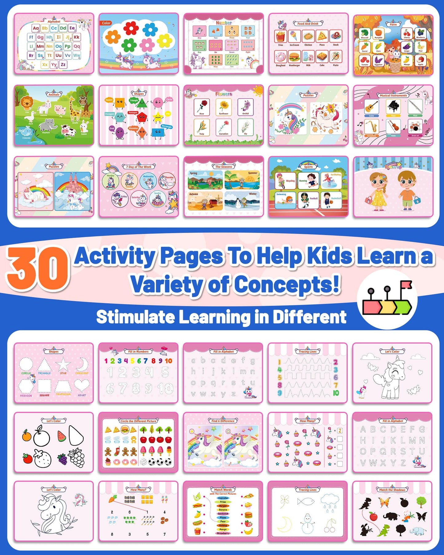 Unicorn Busy Book for Toddlers 3-5, Preschool Toddler Learning Activities Book, Educational Montessori Toys for 3 4 5 Year Old Girl Gifts, Busy Board Sticker Book for Toddler Travel Toys Workbook