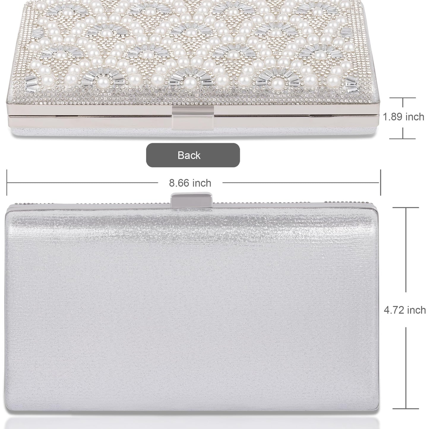 Women's Evening Clutch Handbags - Crossbody Purses Rhinestone Bag with Chains for Womens Ladies Girls Wedding Party, Sparkly Pearl Shoulder Clutches Bag Silver