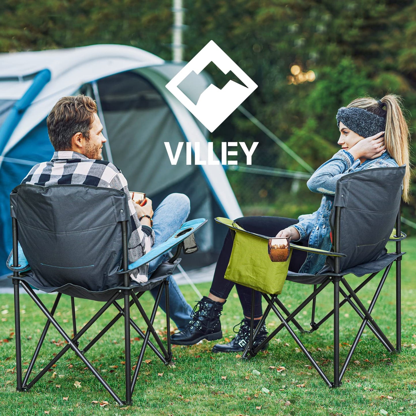 VILLEY Camping Chair, Oversized Folding Camp Chair, Portable Outdoor Chairs Support 400 LBS with Padded Seats, Cooler Bag, Cup Holder, Carry Bag, Green