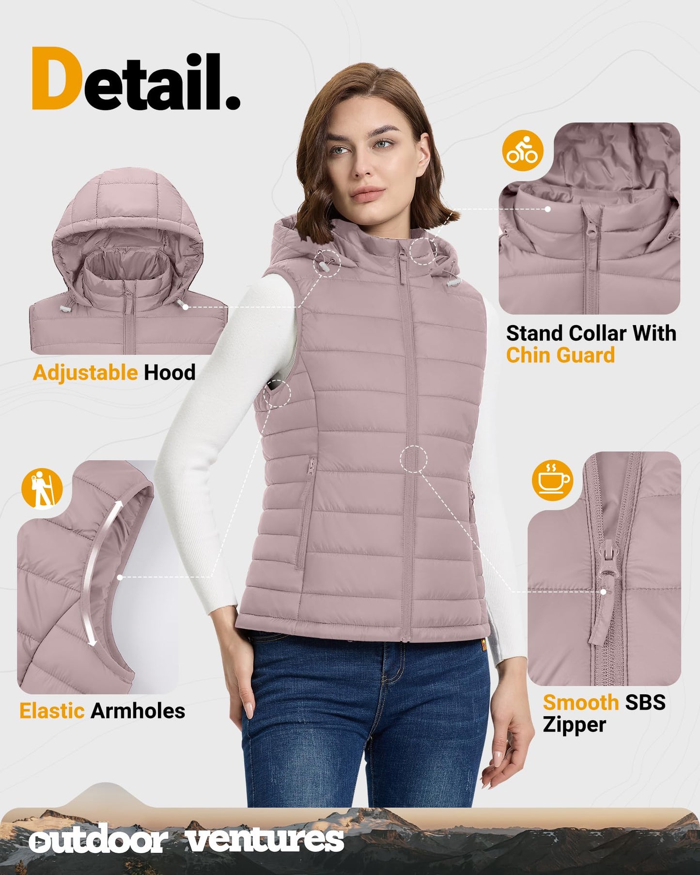 Outdoor Ventures Women's Lightweight Packable Hooded Puffer Vest Outerwear Zip Up Warm Sleeveless Winter Jacket Quilted Coat