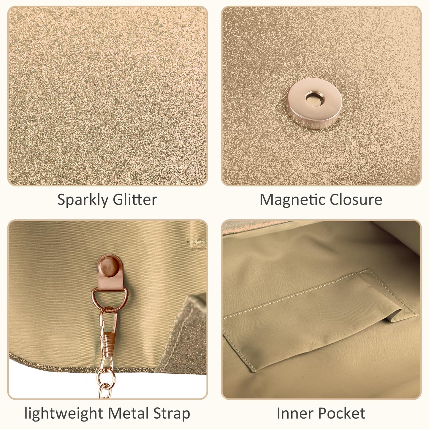 PACETAP Women's Evening Bag Clutch Purse, Glitter Party Wedding Handbag with Chain for Women Formal Wedding Party Cocktail Prom Dinner(Champagne)