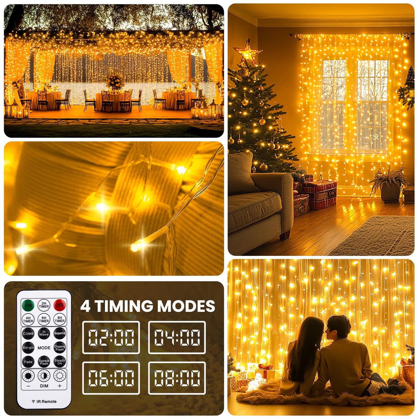 SINAMER Curtain Light for Bedroom, 200LED 6.6x6.6ft Warm White Window Wall Hanging Fairy Curtain String Light, 8 Modes Remote Fairy String Lights Indoor for Wedding Party Home Garden Decorations