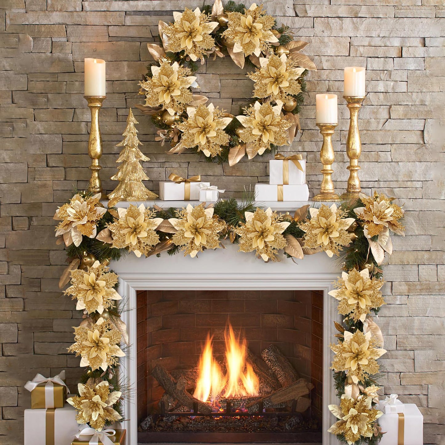 DEEMEI Christmas Poinsettia Artificial Flowers Christmas Tree Wreaths Garland Decoration 15 Pcs 5.5" Glitter Flowers Picks Decor for Xmas New Year Wedding Party Ornaments Gold