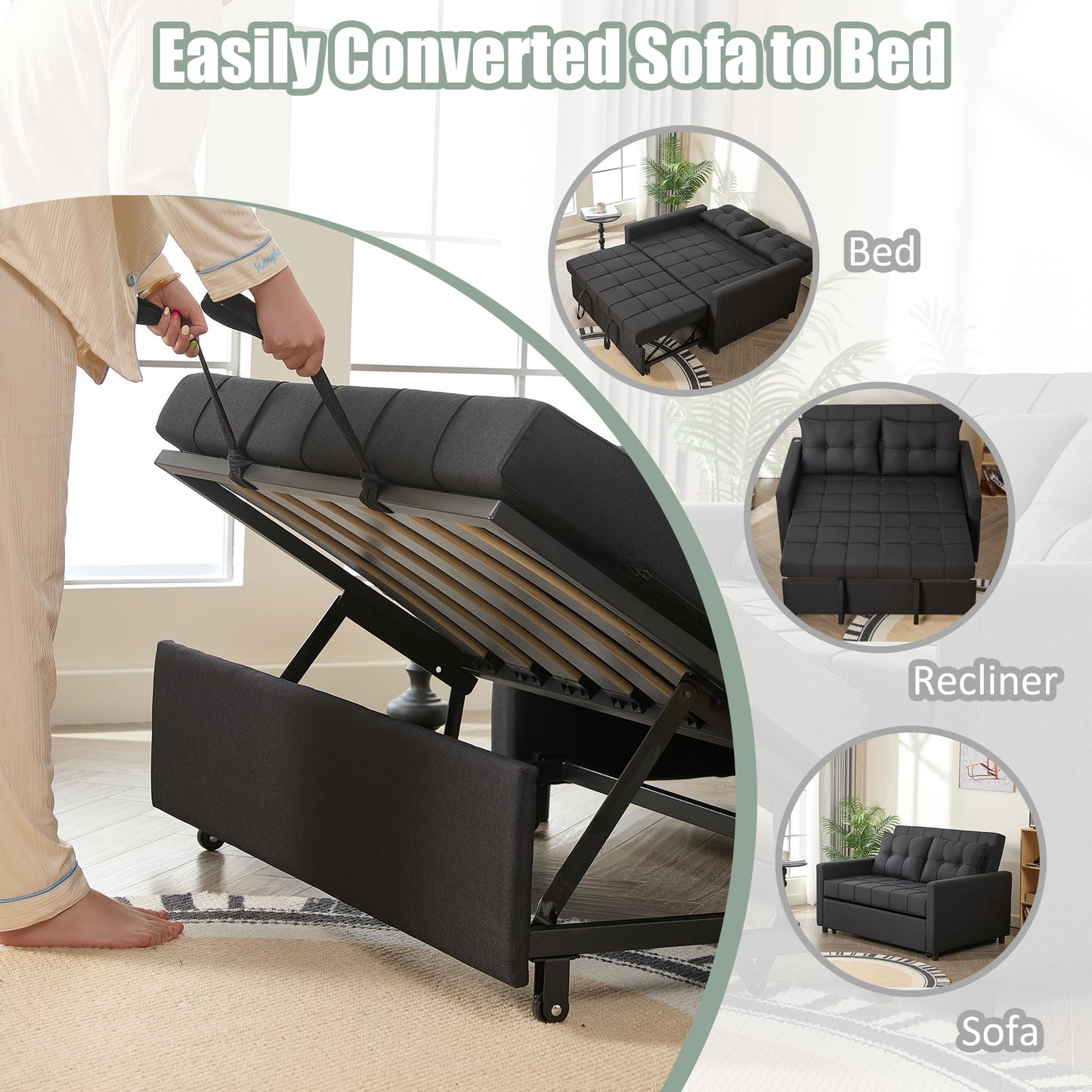 GOSUHI 52" Sleeper Sofa with Pull-Out Bed, 3-in-1 Convertible Sofa Bed, Loveseat with Stepless Adjustable Backrest and Side Pocket, for Living Room Dorm Apartment, Linen, Black