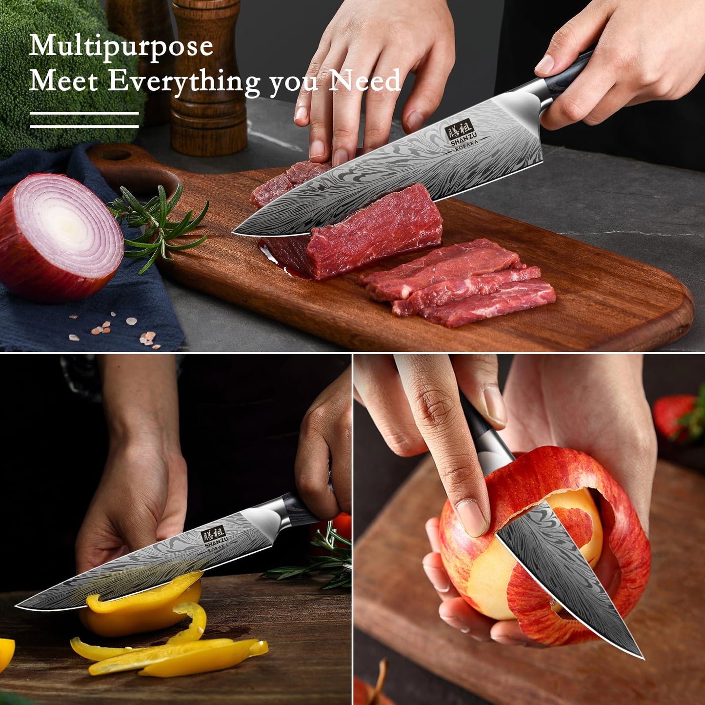 SHAN ZU 3PCS Kitchen Knife Set,Chef Knife Sets in Powder Steel, Ultra Sharp Japanese Knives Set High Carbon Steel Knives Sets, Cooking Knives Set with Ergonomic Pakkawood Handle