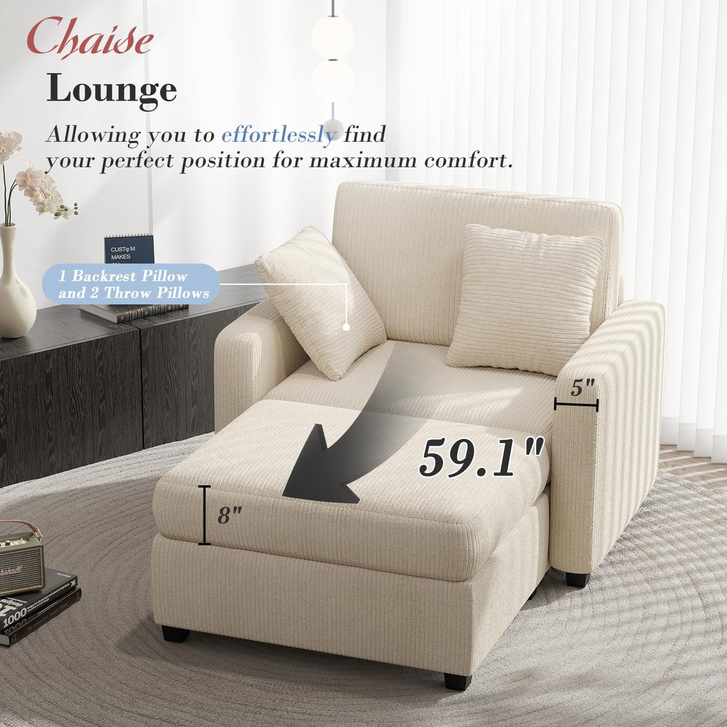 Apicizon Chaise Lounge Chair Indoor, 42" Oversized Sofa Bed with Two Throw Pillows and Armrests, Corduroy Chaise Lounge for Bedroom, Single Sleeper Chair with Ottoman for Living Room, Beige
