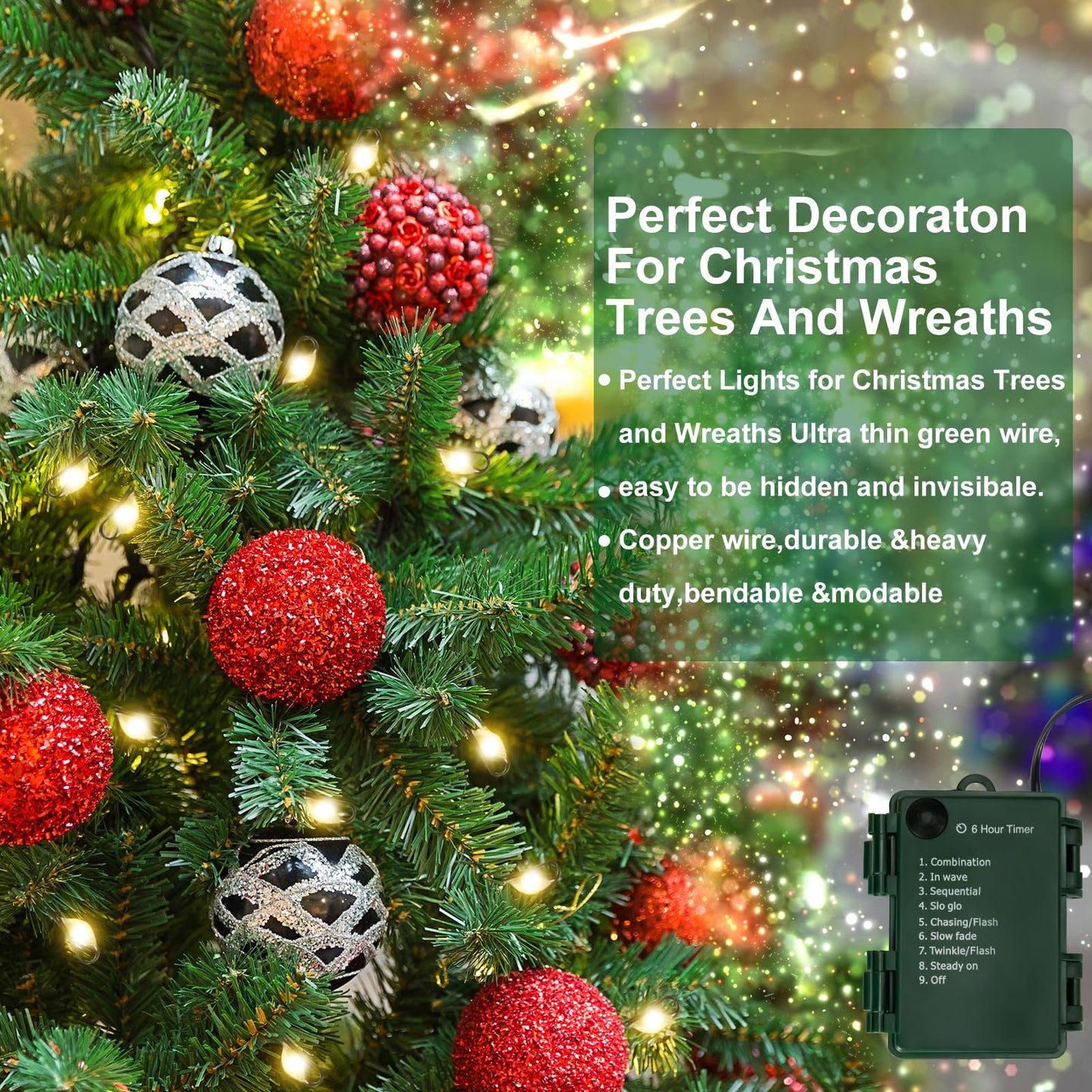 Battery Operated Christmas Lights, 33 FT 100 LED Mini String Lights with Timer and 8 Modes, Green Wire Outdoor Waterproof String Lights for Tree Xmas Indoor Holiday Party Garden Decor, Warm White