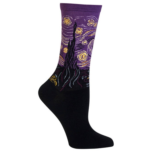 Hot Sox Womens Fun Famous Artist Paintings Crew Socks - 1 Pair Pack Cool & Gifts Hosiery, Starry Night (Purple), 4-10 US