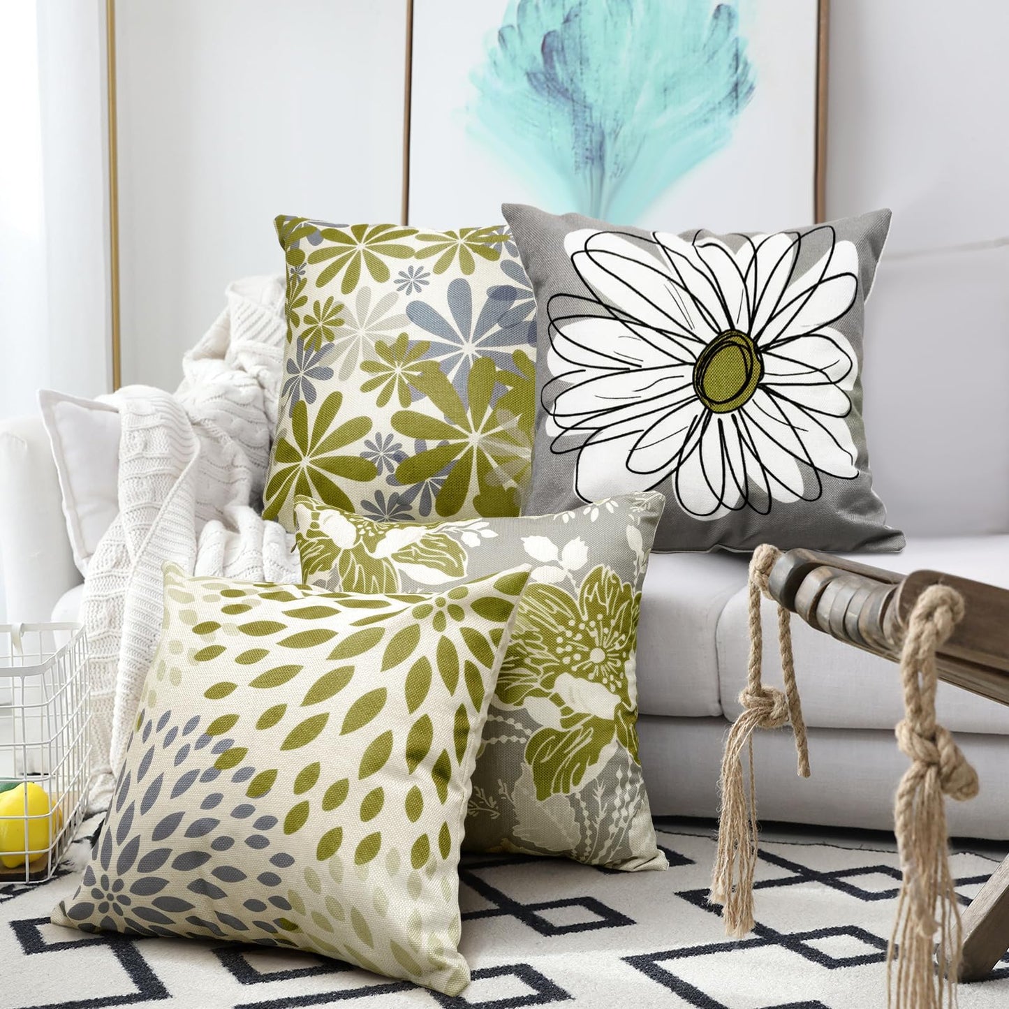 Baidast Green Olive Decorative Throw Pillow Covers 18x18 Set of 4, Green and Grey Modern Daisy Floral Pillows Linen Pillow Covers for Couch Sofa Living Room
